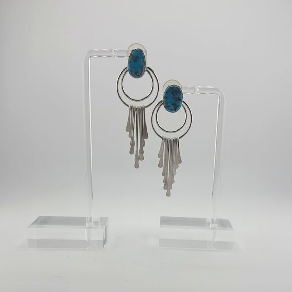 Turquoise and Sterling Silver Fringe Paddle Vintage Earrings - Picture 3 of 6